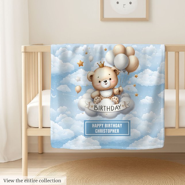 Polaire Nom personnalisé couverture de premier anniversair (Custom name first birthday blanket with teddy bear)