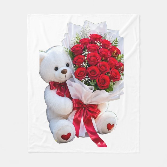 Polaire Ourson mignon avec couverture de roses rouges (Devant)