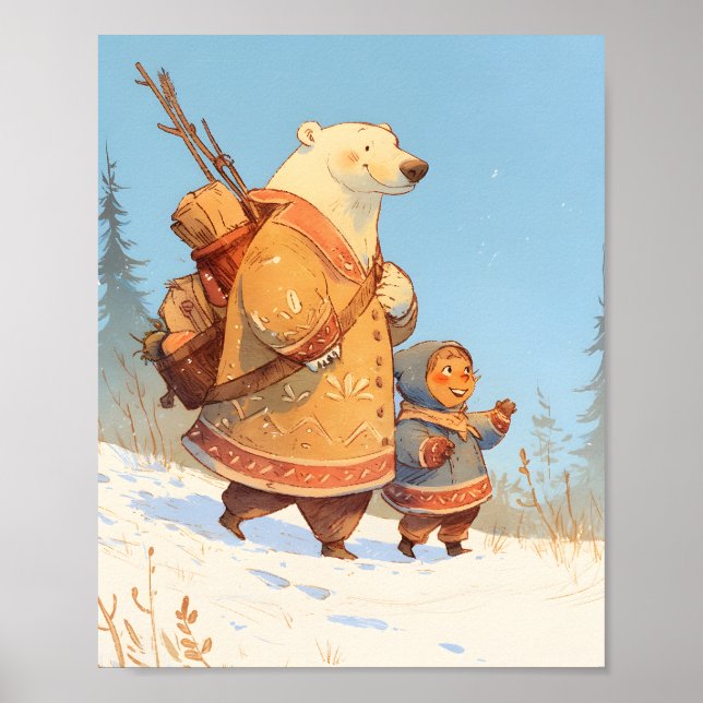 Polar Bear & Inuit Child Winter Nursery Poster (Devant)