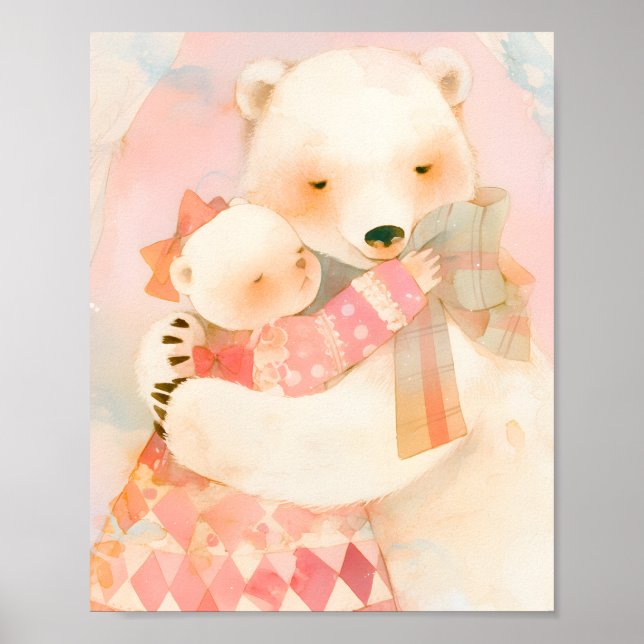 Polar Bear Mother and Cub Cuddle Nursery Poster (Devant)