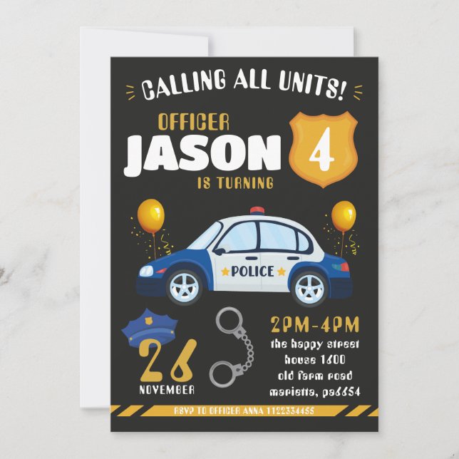 Police Black Invitation for Birthday Party Cops (Devant)