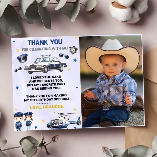 Police Boy Birthday Party Photo Carte de remerciem (Créateur téléchargé)