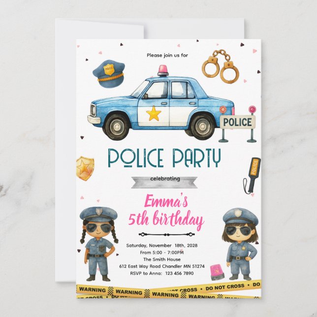 Police girl party theme invitation (Devant)