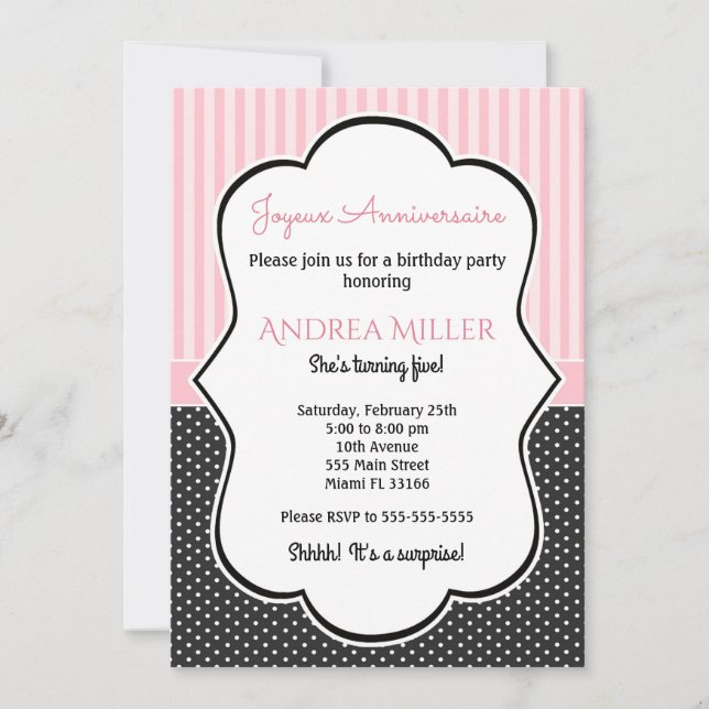 Polka Black White Pink Stripes Invitation d'annive (Devant)