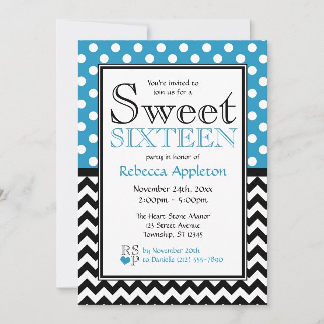 Polka Dot Blue & Chevron Sweet sixteen Invitations (Devant)