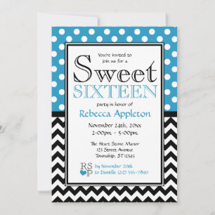 Polka Dot Blue & Chevron Sweet sixteen Invitations