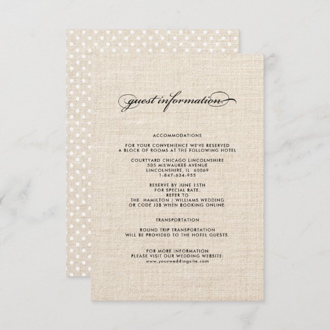 Polka Dot Motif Burlap Mariage Détails Cartes (Devant / Derrière)