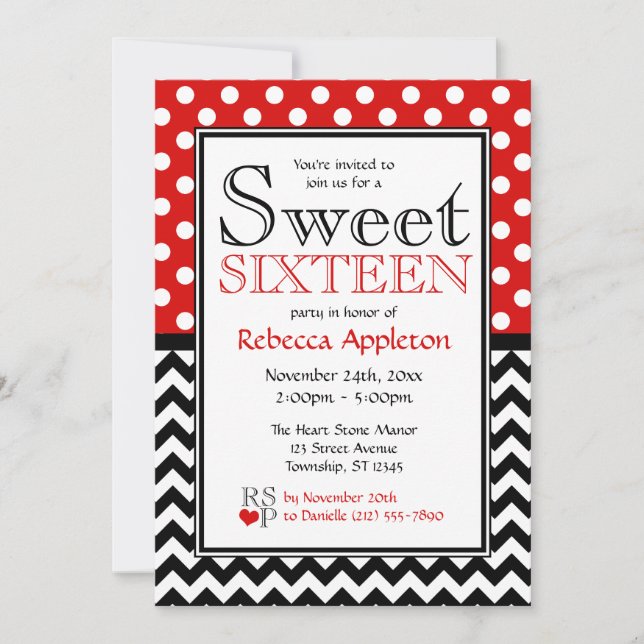 Polka Dot Red & Chevron Sweet sixteen Invitations (Devant)