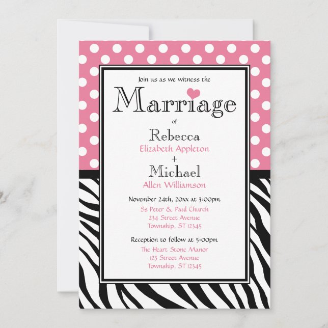 Polka Dot Rose & Zebra Imprimer Invitations De Mar (Devant)