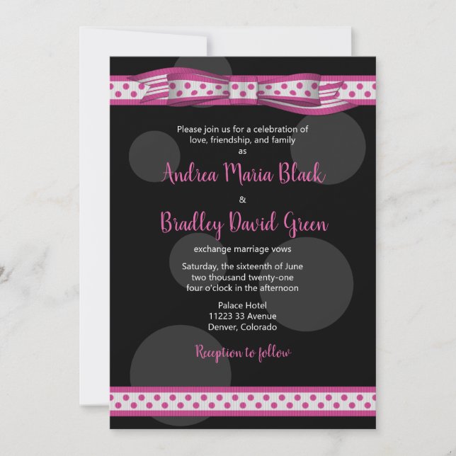Polka Dot Ruban rose Faire-part de mariage noir (Devant)