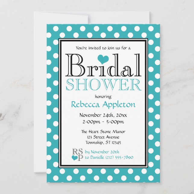 Polka Dot Turquoise Coeur nuptiale Invitation (Devant)