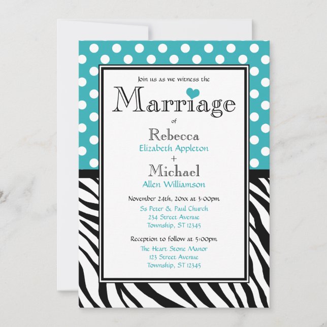 Polka Dot Turquoise Zebra Faire-part de mariage d' (Devant)