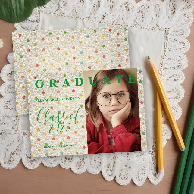 Polka Dots Pre-K Graduate Photo Textile Texture (Polka Dots Pre-K Graduate Photo Green and Sand Linen Effect Fabric Graduation Announcement Card. )