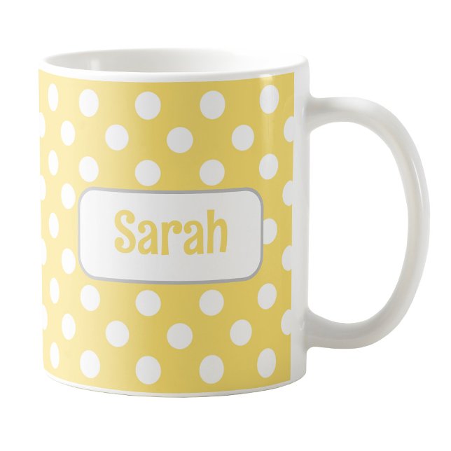 Polka Jaune Personnalisée Pot Mug (Personalized Yellow Polka Dot Mug at Amy's Coffee Mugs on Zazzle. )