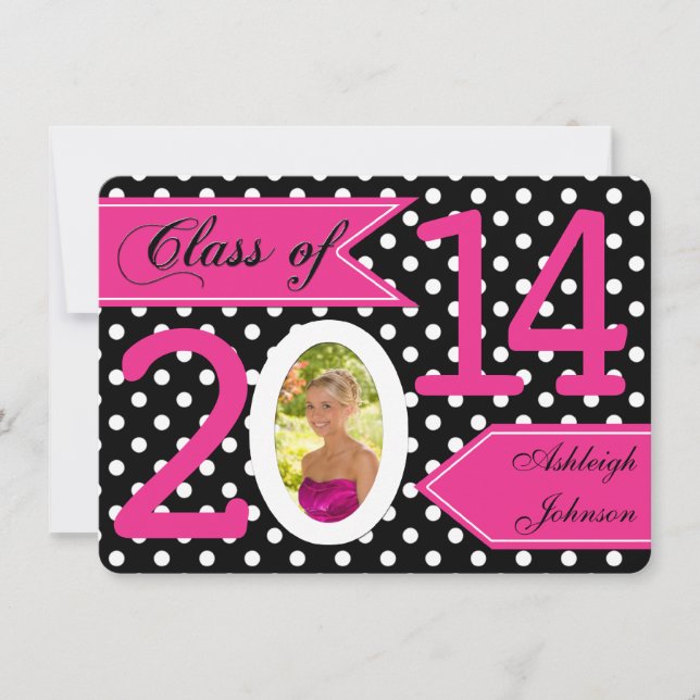 Polka noir blanc rose point photo Invitation (Devant)
