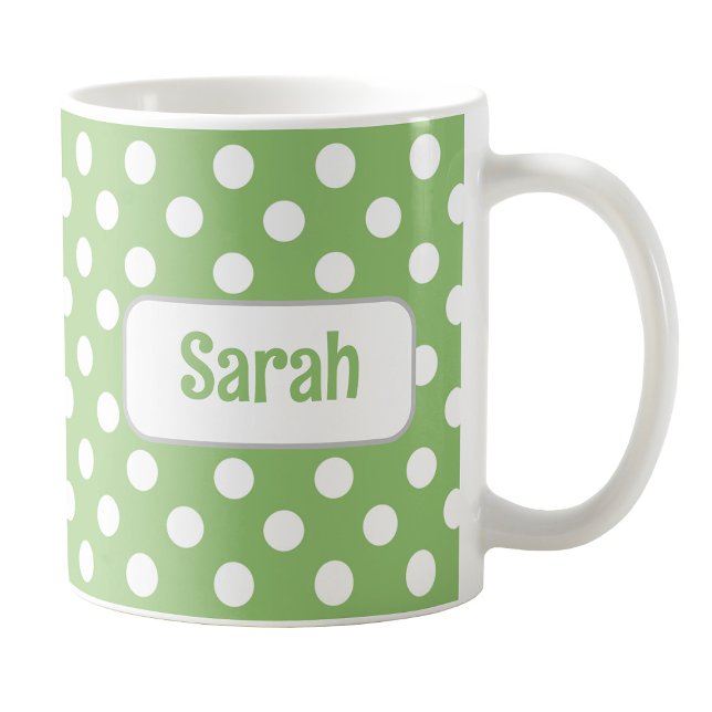 Polka vert personnalisé point Mug (Personalized Green Polka Dot Mug at Amy's Coffee Mugs on Zazzle. )