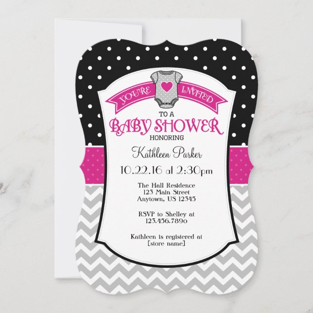 Polkadot noir rose chaud Invitation Baby shower Ch (Devant)