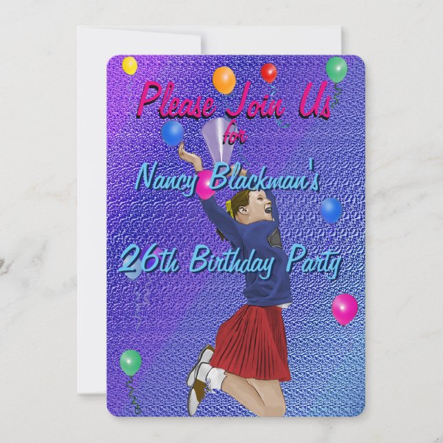 Pom-pom girl, violet et ballons Invitation d'anniv (Devant)