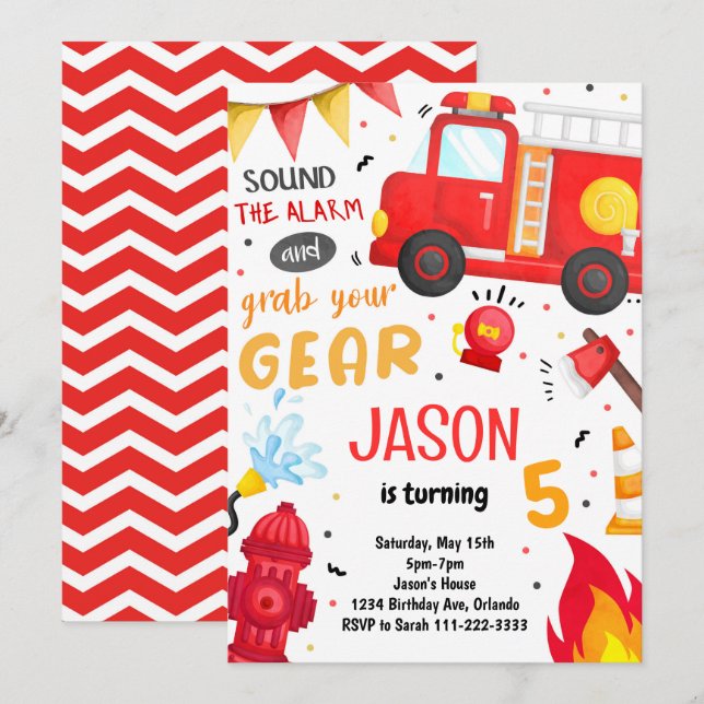 Pompier Camion Invitation Anniversaire (Devant / Derrière)