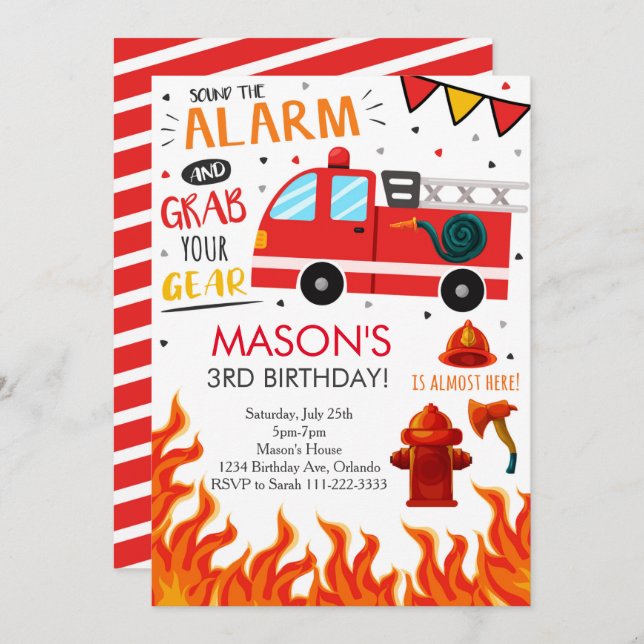 Pompier Camion Invitation de fête d'anniversaire (Devant / Derrière)