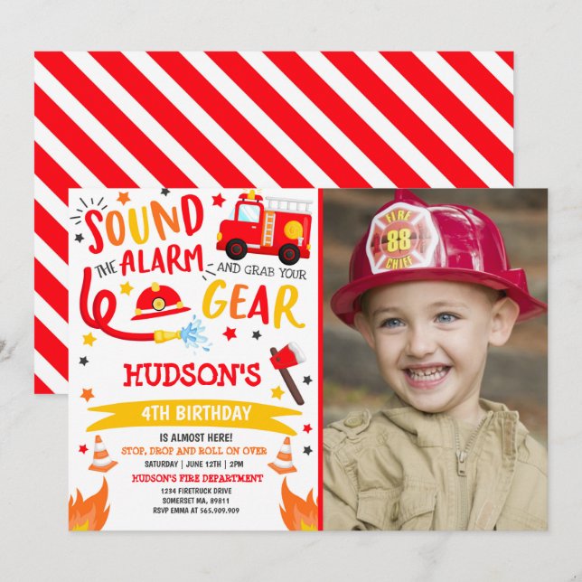 Pompier Invitation Anniversaire Fireman Party (Devant / Derrière)