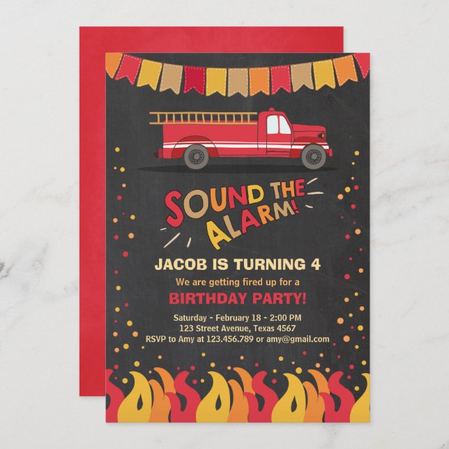 Pompier Pompiers Invitation d'anniversaire Garçon (Devant / Derrière)