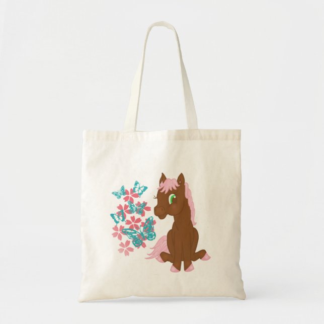 Poney Brown avec le sac de fleurs et de papillons (Devant)