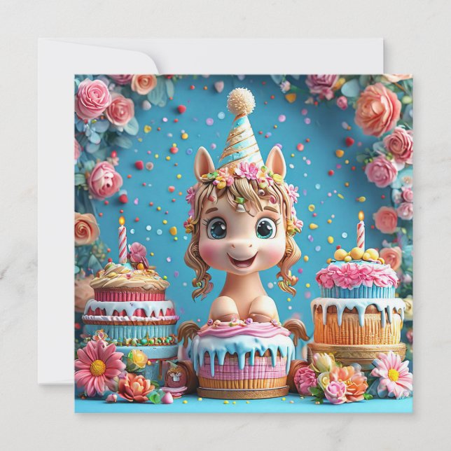 Poney de dessin animé adorable célébrant un annive (Devant)