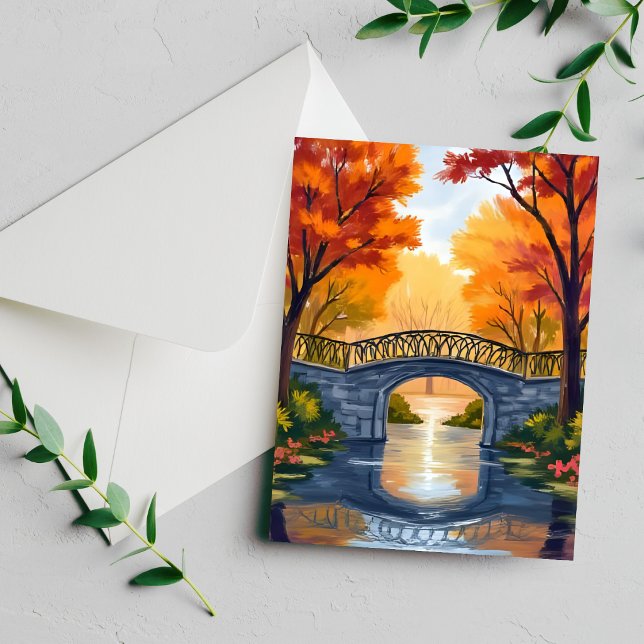 Pont du parc d'automne | Carte aquarelle de feuill (Créateur téléchargé)