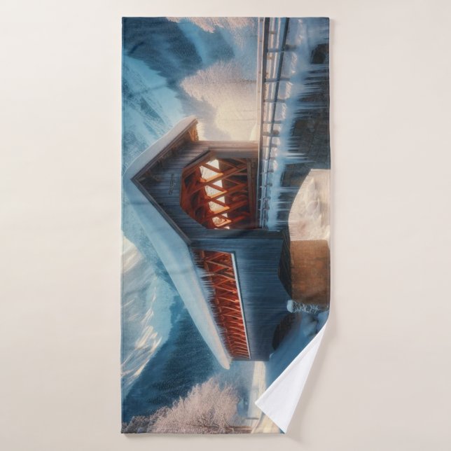 Pont hivernal enneigé & rivière (Serviette de bain)