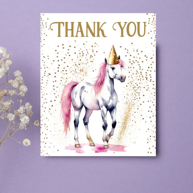 Pony fête d'anniversaire cheval blanc (Pony horses equestrian birthday party thank you card beautiful watercolor white pony with party hat)