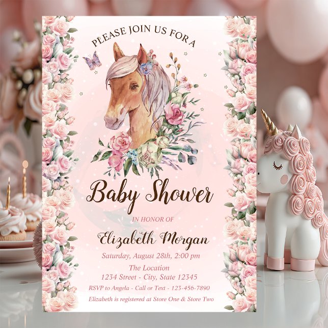Pony Flowers Rose étoiles Baby shower Invitation (Créateur téléchargé)