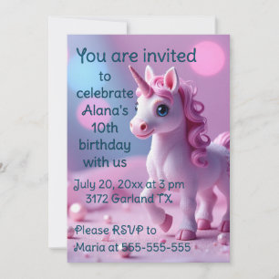 Pony rose Unicorn Invitation de fête d'anniversair