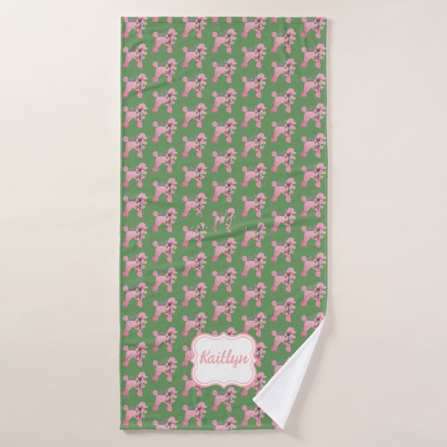Poodle rose customisé sur vert (Serviette de bain)