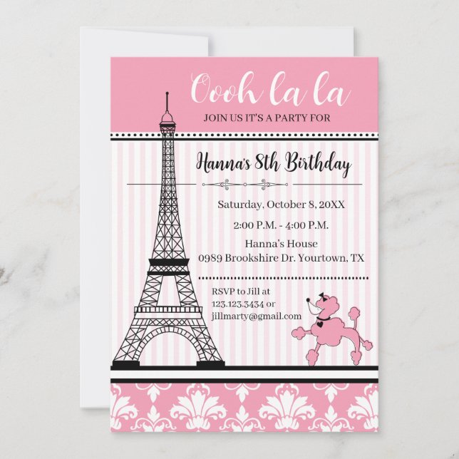 Poodle & Tour Eiffel Thème Anniversaire Invitation (Devant)