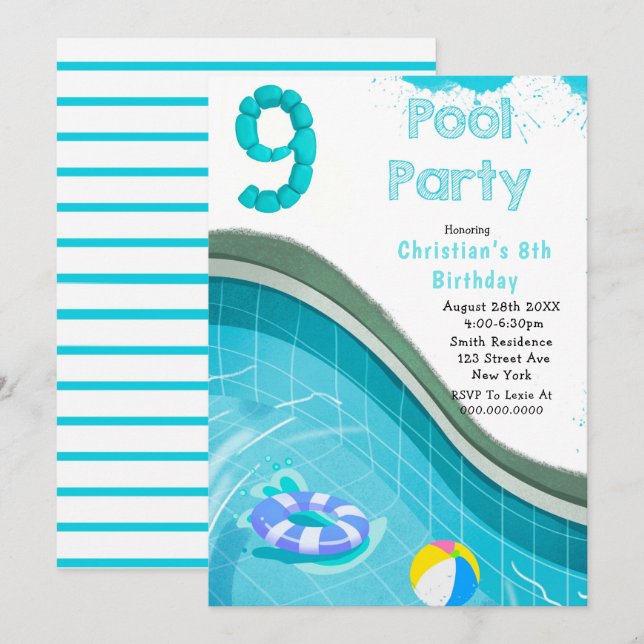 Pool Party 9e anniversaire Invitations (Devant / Derrière)