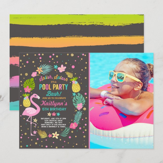 Pool Party Anniversaire Invitation Flamant rose tr (Devant / Derrière)