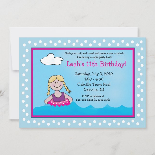 POOL Party Blonde Girl 5x7 Invitations d'anniversa (Devant)