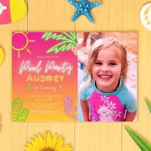 Pool Party Neon rose Invitation avec photo