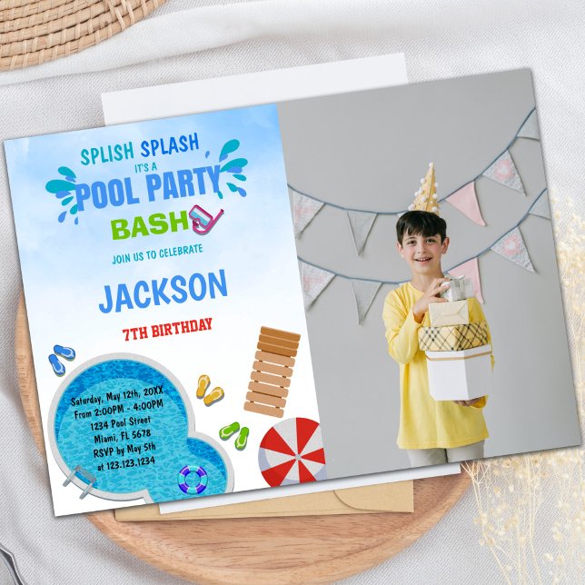 Pool Party Pool Invitations d'anniversaire avec ph (Pool Party Pool Birthday Invitations with photo)