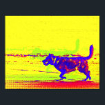 Pop Art Dog on Beach poster<br><div class="desc">A photo of a happy dog running on the beach with a ball in his mouth has been modified with pop art colors and styles for a bright,  colorful,  cheerful poster. Great decor for dog lovers. Yellow,  red,  blue,  green.</div>