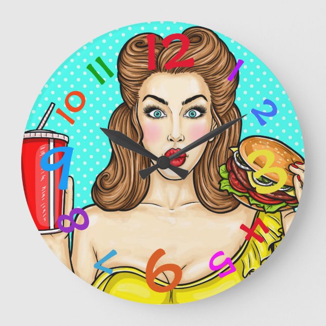 Pop Art Horloge Fille Manger Hamburger Coloré (Recto)