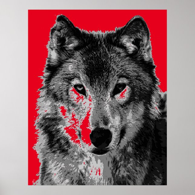 Pop Art Red Grey Wolf Face Poster (Devant)
