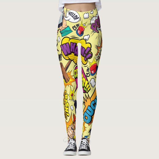 Pop Art Vibrant Retro Comic Texte Leggings (Devant)