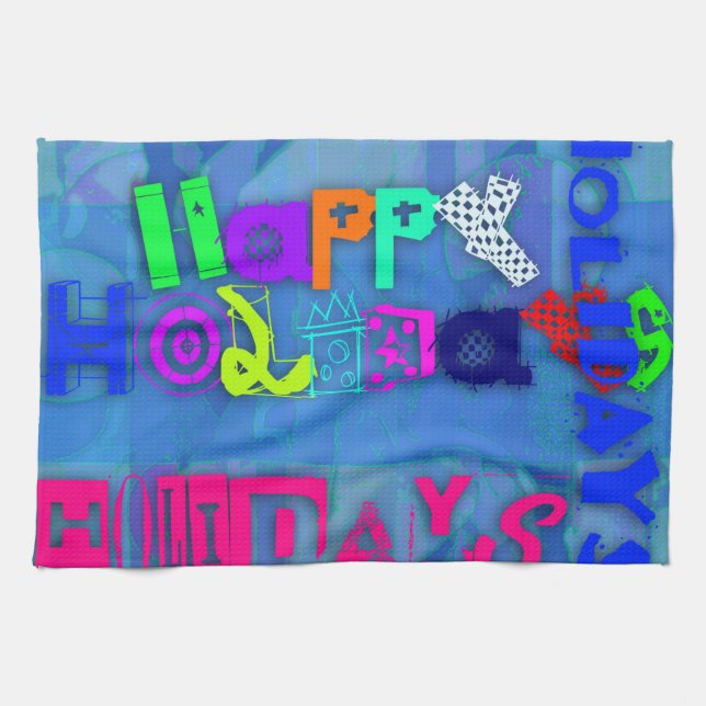 Pop Colorful Happy Holidays Serviette de cuisine (Horizontal)