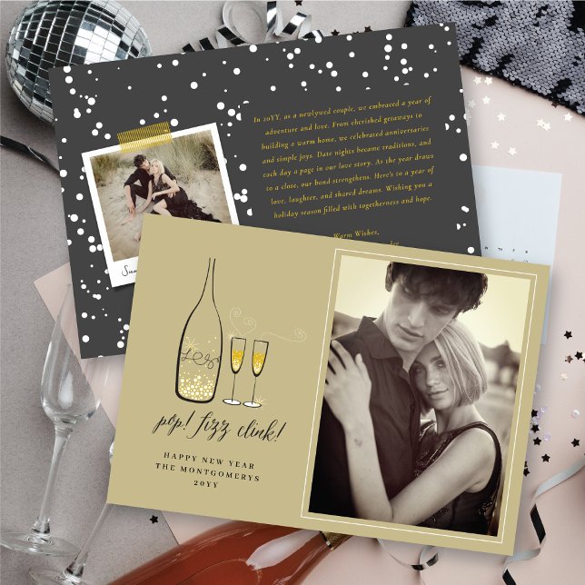 Pop Fizz Clink Champagne Carte photo du Nouvel An (Pop Fizz Clink Champagne Cheer New Year Photo Card @ fat_fa_tin)