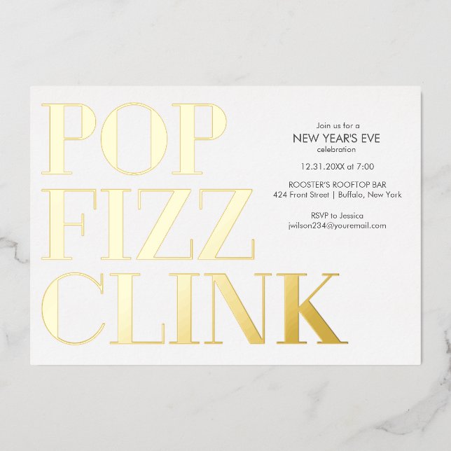 Pop Fizz Clink Gold Nouvel An Foil Invitation (Recto)