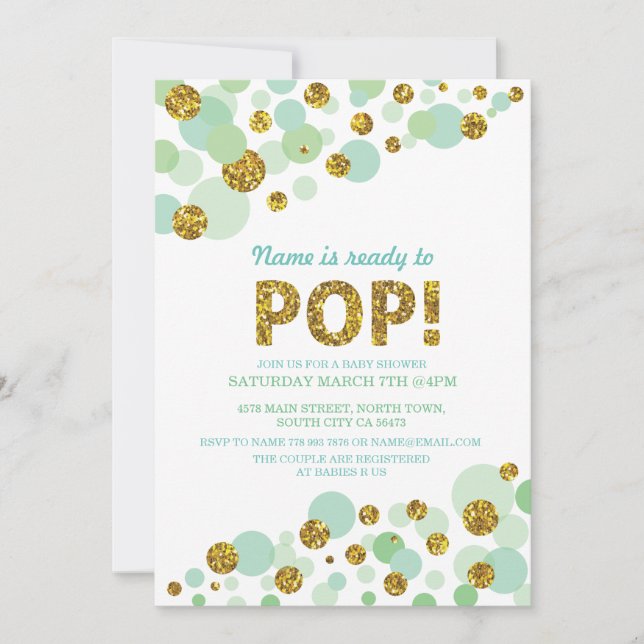 Pop Genre Reveal Baby shower Mint Gold Invitation (Devant)