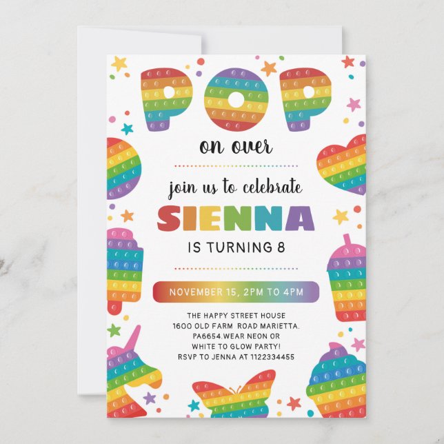 Pop it Invitation for Birthday Party Fidget Toy  (Devant)