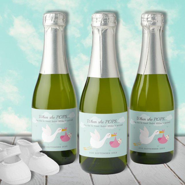 Pop It Mini Sparkling Vin Étiquette (Cute pink stork girl bundle Pop It personalized mini champagne bottle labels)
